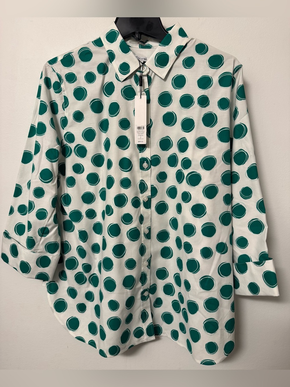 NWT Chicos Polka Dot No Iron Button-Front Shirt - Green/White